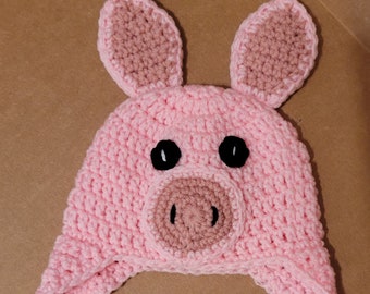 Crochet Baby Pig Hat with Ear Flaps