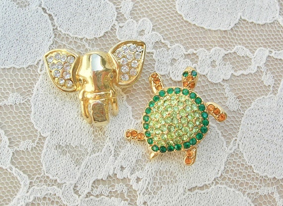 2 Small Cute Rhinestone Animal Pins - Elephant & … - image 1
