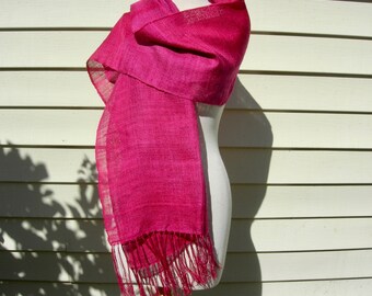 Ruby Red Linen Shawl/Scarf/Table Runner, long fringe, hand dyed, some lighter areas, 76"x 20 1/2" very good vintage condition