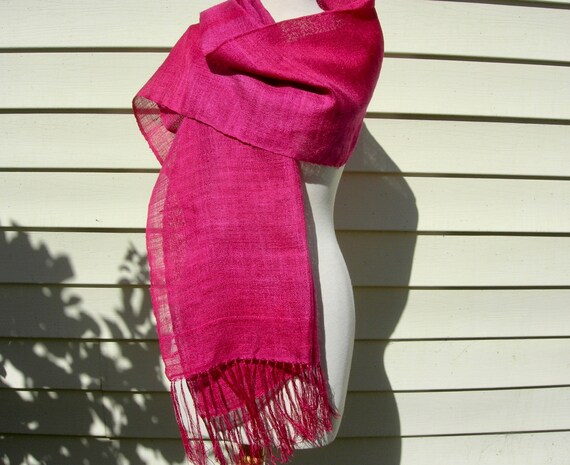 Ruby Red Linen Shawl/Scarf/Table Runner, long fri… - image 1