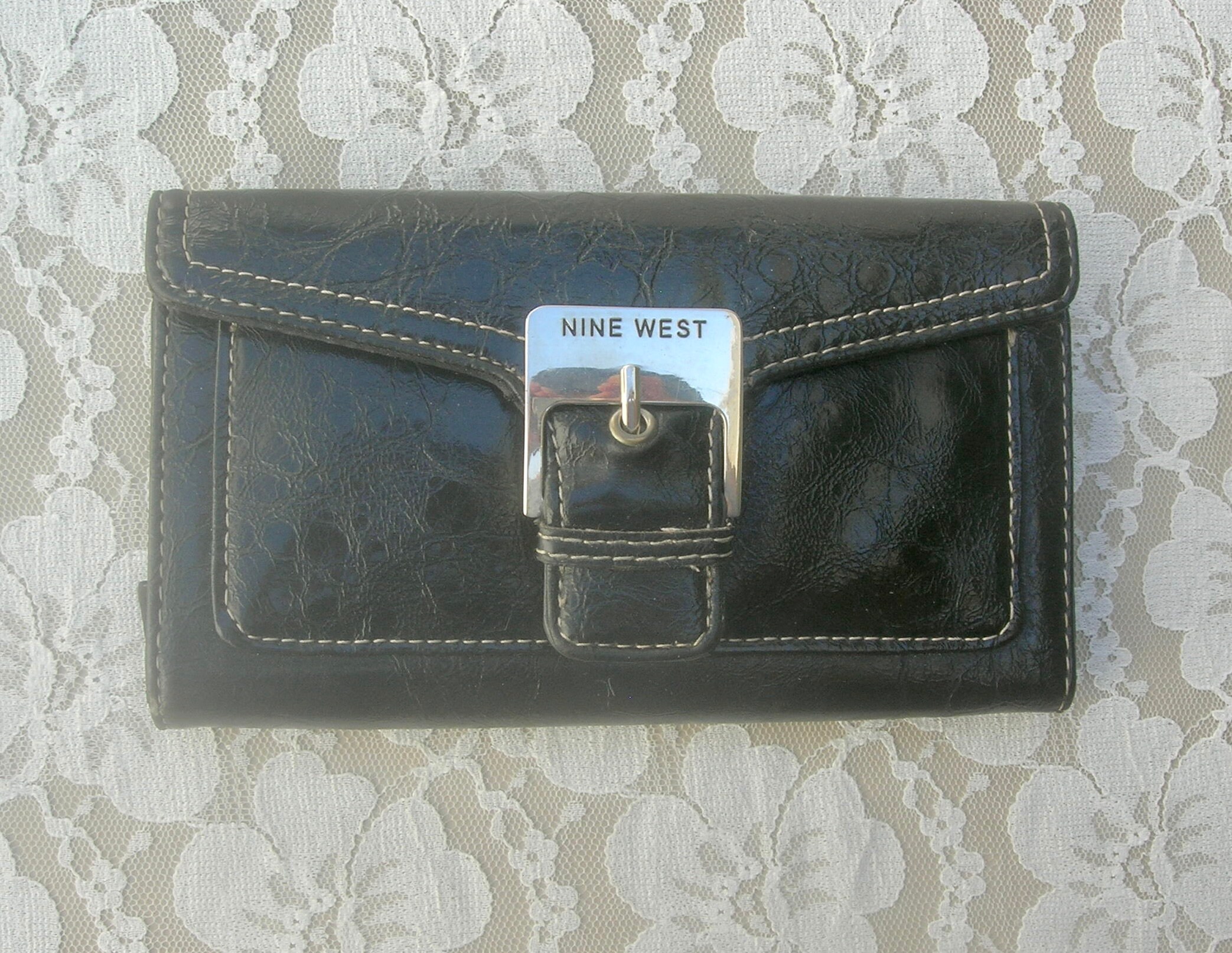 Nine West Wallet, Black Faux Snakeskin, 16 Card Slots, 3 Wide