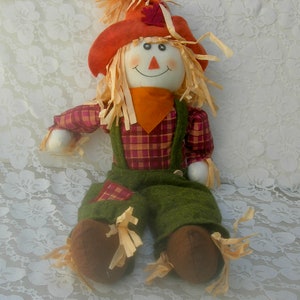 May include: A plush scarecrow doll wearing a red and white checked shirt, green trousers, and a brown hat. The scarecrow has a friendly face with a smile and orange cheeks.