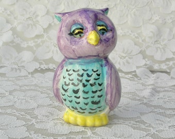 Adorable Small Ceramic Owl, purple & turquoise, 4" tall, excellent vintage condition