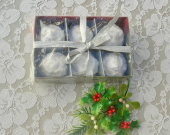 6 Holiday Snowball Candles, white with glitter, round candles, 1 1/2" across, gift idea, unused, great vintage condition