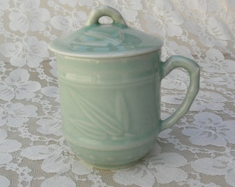 Large Asian Lidded Teacup, celadon green, bamboo design, 4"across, 5"tall, stamped on bottom, Chinese or Korean, excellent vintage condition