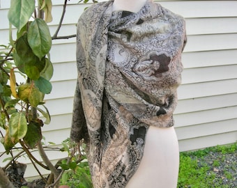 Beautiful XL Paisley Shawl, black/dark brown/gray/beige, large fashion shawl, 72" x 26" vintage, excellent vintage condition