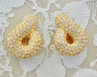 Beautiful NLH Rhinestone & Gold Clip-on Earrings, designer earrings, 1 1/2" vintage 1990s, perfect condition, like new
