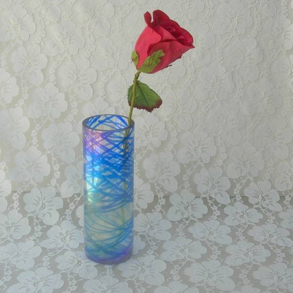 Stunning Blue Glass Vase, iridescent swirls, 7 3/4" tall, lovely gift esp. with flowers, excellent vintage condition