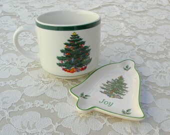 Christmas Tree Mug & Small Bell Plate, Spode plate/Totally Today mug, mug 3 1/4" tall, gift idea, great vintage condition