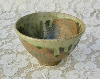 Artisan Glazed Ceramic Bowl, handcrafted stoneware, brown & orange clay, pale to dark green dripping glaze, 5 1/4" across, vintage, like new