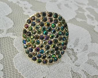 Beautiful Large Rhinestone Ring, peacock colors, size 7 1/2, silver, cocktail ring, fashion ring, great vintage condition
