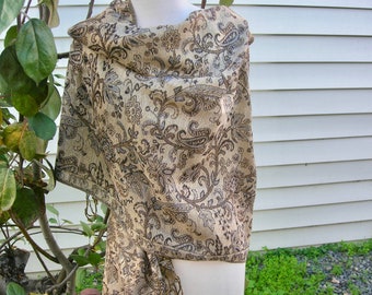 Reversible Beige & Brown Pashmina and Silk Shawl, floral and paisley design, gold threads, long fashion shawl, 66" x 27" like new