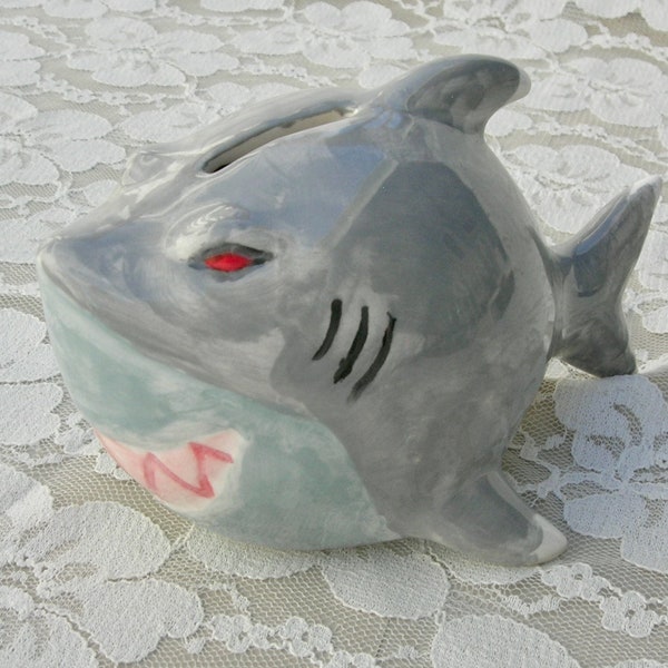 Fierce Shark Bank, gray, red eyes and teeth, gills, 4" tall x 6" wide, ceramic piggy bank, hand painted, great vintage condition