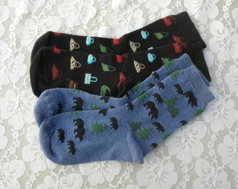 2 Pairs of Whimsical Socks, blue - bears & pine trees, black - colorful handbags, sz M, great vintage condition, optional handbags jacket