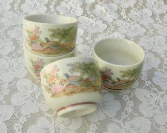 4 Japanese Tea/Sake Cups, beautiful bird & flower design, ceramic teacups, 2 1/4" high, excellent vintage condition