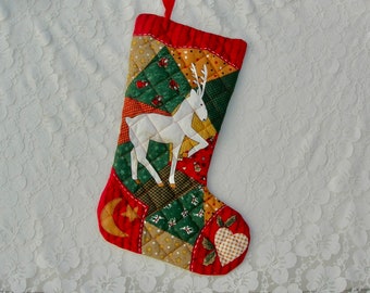 Reindeer Christmas stocking, heart/moon/star/mini santas & snowmen, padded cotton 15.5" long, excellent vintage condition