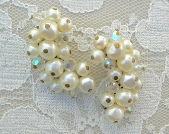 Laguna Pearl & Crystal Clip-on Earrings, from Mom's jewelry box, mid-century, 1 1/2"  fancy pearl earrings