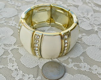 Fun Blingy Wide Cuff Bracelet, white & gold, clear rhinestones, stretch bracelet for smallish wrist, very good vintage condition