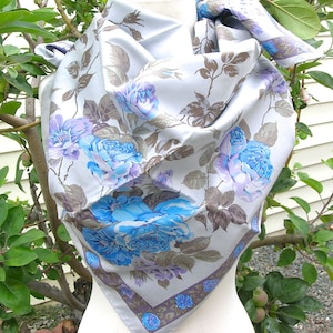 Thai Silk Square Scarf - azure blue & mauve floral design, famous handwoven Thai silk, unused - like new, 35&quot; I purchased in Thailand