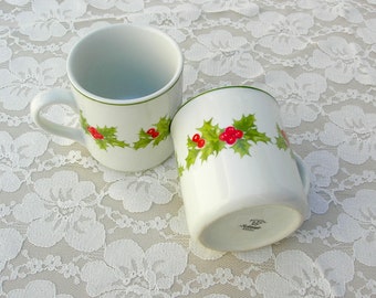 2 Holiday Mugs, holly berries & leaves, Schmidt porcelain, 3 1/4" gift idea, hostess gift, excellent vintage condition