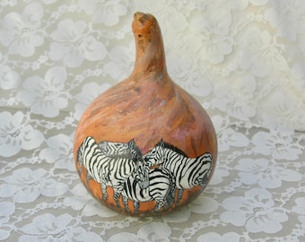 African Gourd, hand-painted zebras, 7 x 4 1/2" good vintage condition