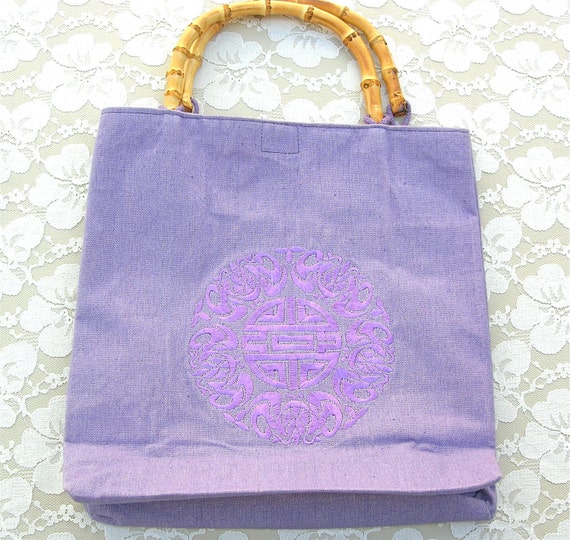 Chinese Lavender "Shou" Handbag, sturdy cotton, b… - image 1