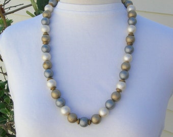 Faux Pearl Necklace, tri-color, brass bead caps, from Mom's jewelry box, 26" vintage