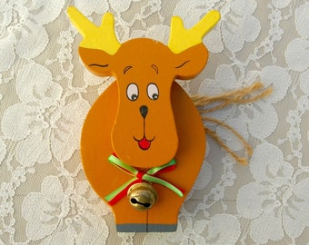 Cute Holiday Wood Reindeer Toy, hand-crafted, hand-painted, 5 1/2" cute bow & bell, great Christmas gift, vintage toy