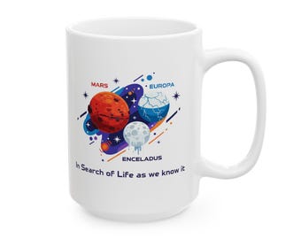 Taza de planetas espaciales: Marte, Europa y Encélado. Regalo de astronomía.