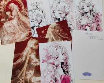 May include: A collection of anime-style postcards featuring illustrations of a woman with long blonde hair and floral accents. The cards are in various poses and settings, with a color palette of red, pink, and white.