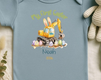 My First Easter Baby Boy Onesie | Excavator, Personalized Name Option