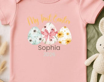My First Easter baby girl Onesie | Floral Easter Eggs, Personalized Name