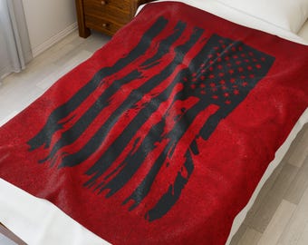 Black American Flag Outline Red Velveteen Plush Blanket
