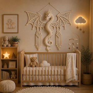 May include: A nursery with a wooden crib, a macrame dragon wall hanging, and a framed illustration of a dragon. The room is decorated with a star-shaped night light, a plush bunny, and a teddy bear. A cloud-shaped wall lamp and a mobile add to the decor.