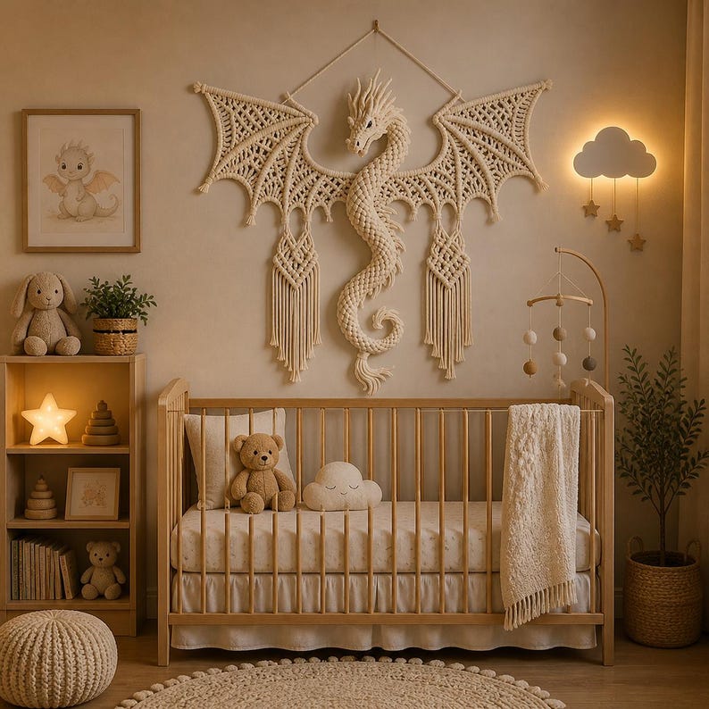 May include: A nursery with a wooden crib, a macrame dragon wall hanging, and a framed illustration of a dragon. The room is decorated with a star-shaped night light, a plush bunny, and a teddy bear. A cloud-shaped wall lamp and a mobile add to the decor.