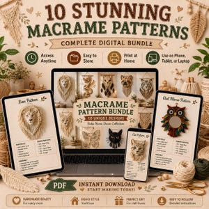Puede incluir: Un paquete digital de 10 patrones de macram&eacute; que incluye un port&aacute;til, dos tabletas y un tel&eacute;fono inteligente con varios dise&ntilde;os de tapices de pared con tem&aacute;tica animal. Las pantallas muestran gu&iacute;as de le&oacute;n, b&uacute;ho y gato con texto.
