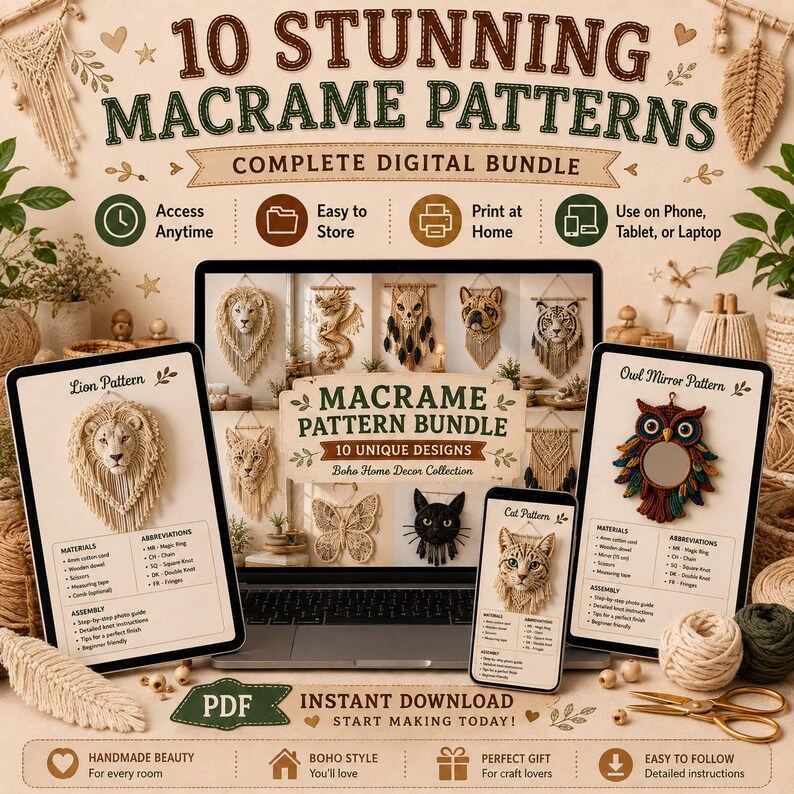 Puede incluir: Un paquete digital de 10 patrones de macram&eacute; que incluye un port&aacute;til, dos tabletas y un tel&eacute;fono inteligente con varios dise&ntilde;os de tapices de pared con tem&aacute;tica animal. Las pantallas muestran gu&iacute;as de le&oacute;n, b&uacute;ho y gato con texto.