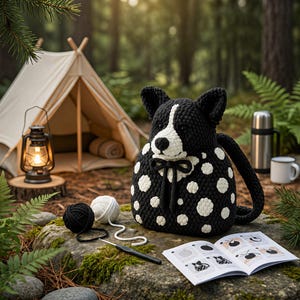May include: A black and white crochet dog-shaped bag with white polka dots, a black bow, and a handle. The bag is on a mossy rock with yarn, a crochet hook, and instructions. A tent, lantern, and thermos are in the background.