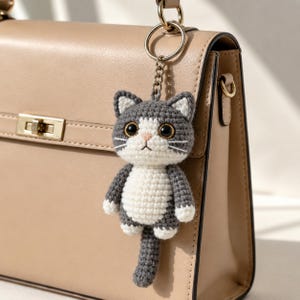 May include: A gray and white crochet cat keychain hanging from a beige purse. The handmade cat has large black eyes, a pink nose, and white whiskers. The keychain is attached to a gold-colored ring and chain.