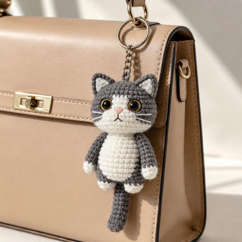 May include: A gray and white crochet cat keychain hanging from a beige purse. The handmade cat has large black eyes, a pink nose, and white whiskers. The keychain is attached to a gold-colored ring and chain.