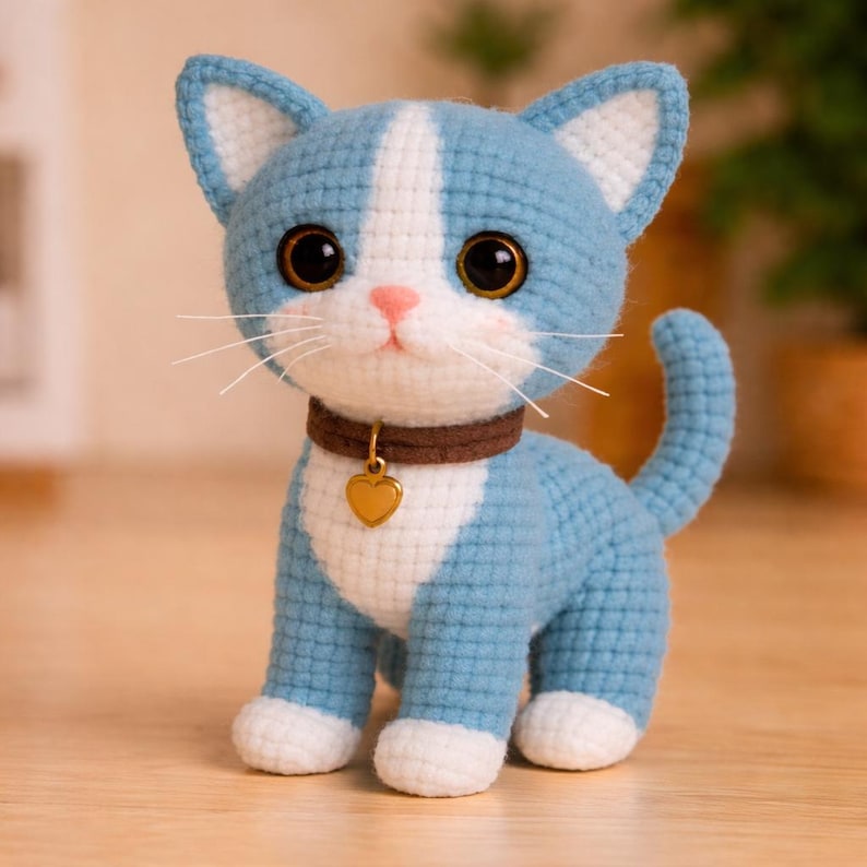 May include: A crocheted cat figurine in shades of blue and white, with large black eyes and a pink nose. It wears a brown collar with a gold heart charm. The handmade cat has white paws and ears.