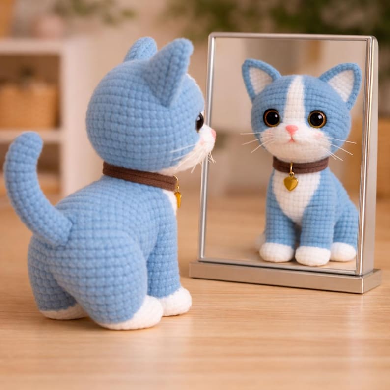 May include: A crocheted blue cat figurine with white accents, a brown collar, and a gold heart-shaped tag. The cat is positioned in front of a mirror, reflecting its image. The cat has large, expressive eyes and white whiskers.