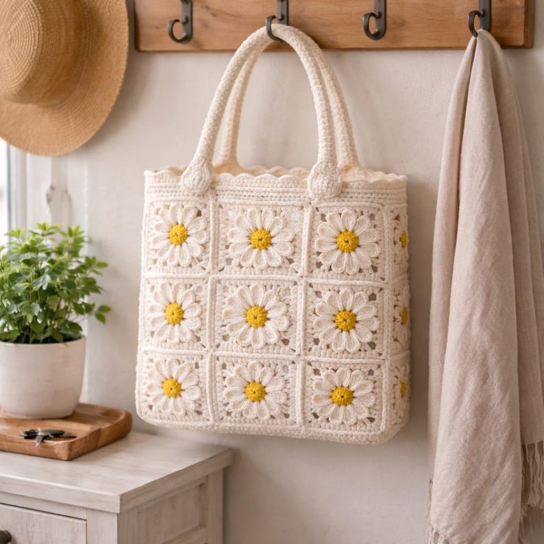 Op de afbeelding: Cr&egrave;mekleurige gehaakte draagtas met een madeliefjespatroon. De tas heeft twee handvatten en hangt aan een houten rek. Het madeliefjespatroon heeft witte bloemblaadjes en gele centra. Een strohoed en een beige handdoek hangen ook.