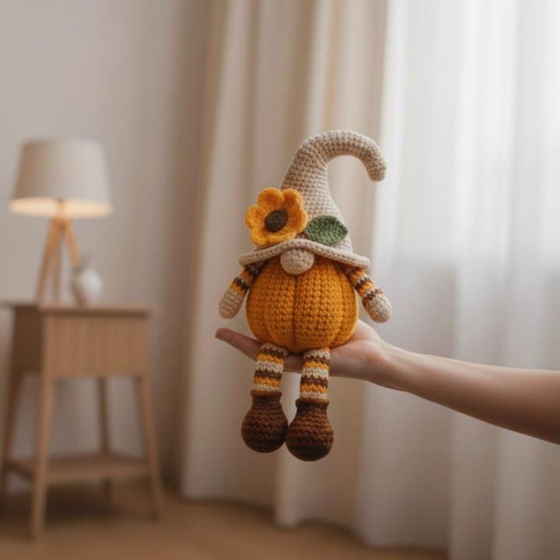 May include: A handmade crochet gnome doll with a pumpkin-shaped body, wearing a beige hat adorned with a yellow flower and green leaf. The gnome has striped legs and brown boots, perfect for fall decor.