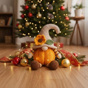May include: A handmade crochet gnome with an orange pumpkin-shaped body, brown feet, and a tan hat adorned with a sunflower and green leaf. The gnome is surrounded by Christmas ornaments, a red ribbon, and a lit Christmas tree in the background.