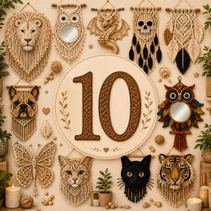 Puede incluir: Una colecci&oacute;n de tapices de macram&eacute; con un le&oacute;n, un espejo de b&uacute;ho, un drag&oacute;n, una calavera, plumas, un bulldog, una mariposa, un gato, un gato negro y un tigre, alrededor de un letrero circular grande con el n&uacute;mero 10 en cuerda.