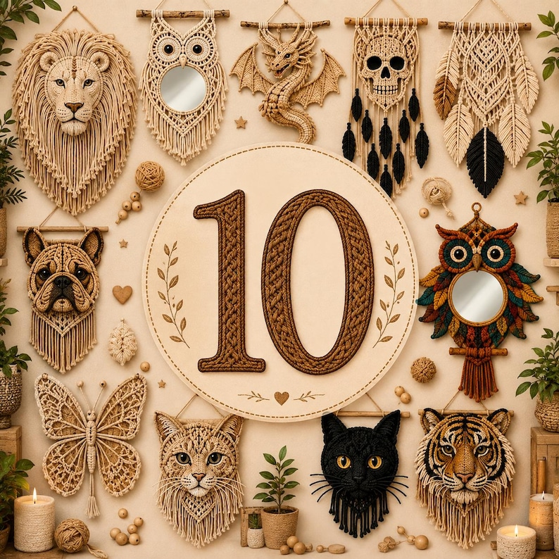 Puede incluir: Una colecci&oacute;n de tapices de macram&eacute; con un le&oacute;n, un espejo de b&uacute;ho, un drag&oacute;n, una calavera, plumas, un bulldog, una mariposa, un gato, un gato negro y un tigre, alrededor de un letrero circular grande con el n&uacute;mero 10 en cuerda.