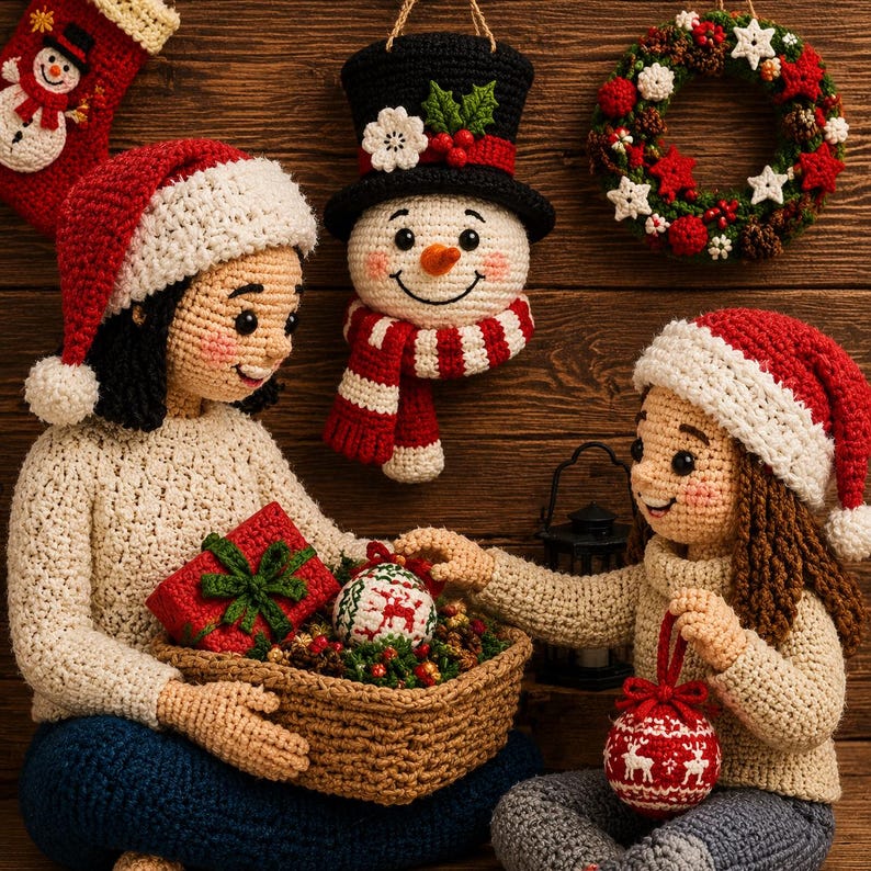 May include: Two crocheted dolls wearing Santa hats and cream sweaters, one holding a basket with a red gift and a patterned ornament, the other holding a red ornament. A crocheted snowman head, a stocking, and a wreath hang in the background.