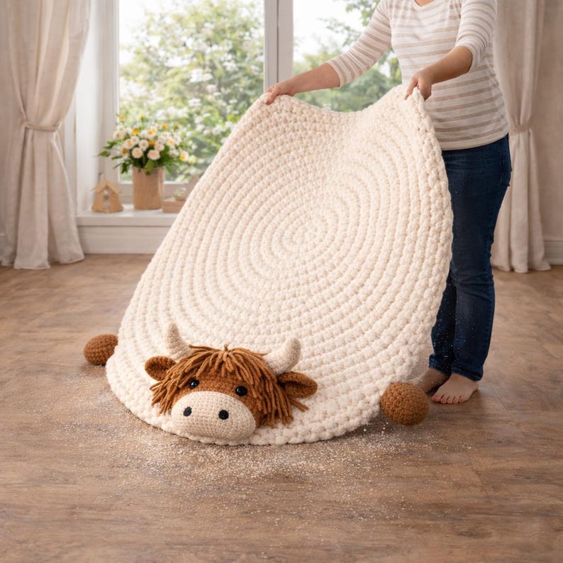 May include: A cream-colored, round, crocheted rug with a Highland cow design. The cow has brown fur, horns, and a white face. Two brown balls are on either side of the cow. The rug is approximately 48 inches in diameter.