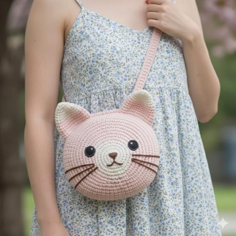 Puede incluir: Bolso bandolera rosa con forma de gato, tejido a ganchillo, con una correa larga. El bolso presenta una cara redonda con ojos negros, bigotes marrones y una nariz peque&ntilde;a. Las orejas son de un rosa m&aacute;s claro con detalles blancos en el interior. El bolso se lleva al hombro.